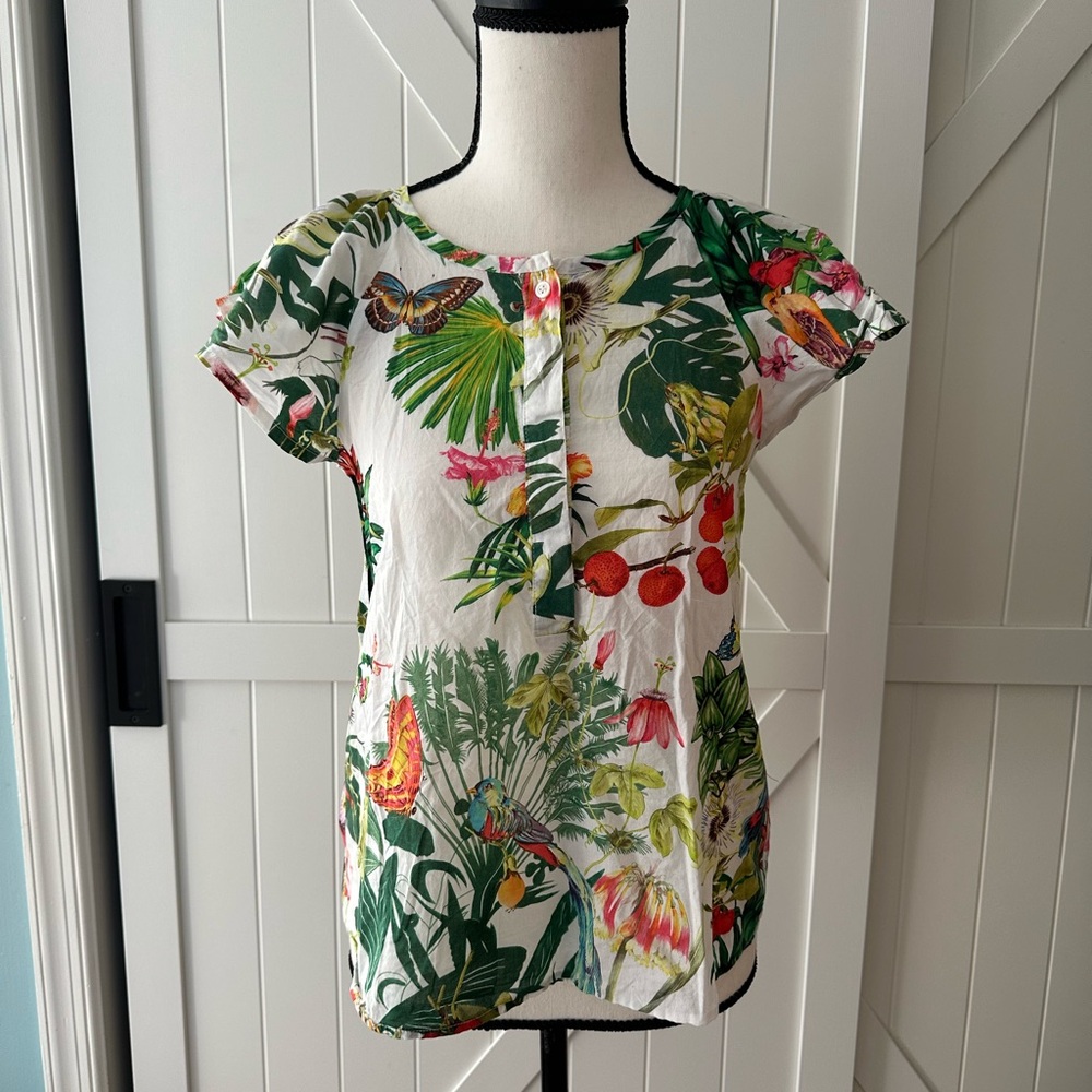 J.Crew Tropical Print Flolral Blouse Size 2 Cotton Butterfly Botanical Top